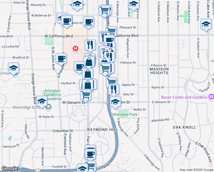 map of restaurants, bars, coffee shops, grocery stores, and more near 951 South Arroyo Parkway in Pasadena