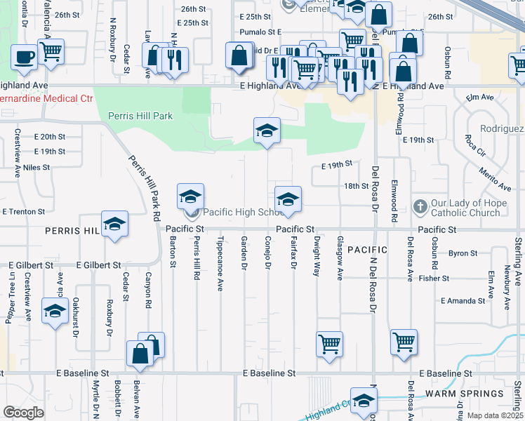 map of restaurants, bars, coffee shops, grocery stores, and more near 1650 Conejo Drive in San Bernardino
