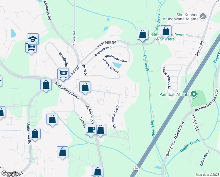 map of restaurants, bars, coffee shops, grocery stores, and more near 735 Branch Drive in Alpharetta