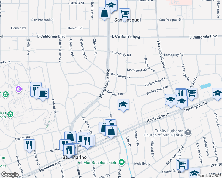 map of restaurants, bars, coffee shops, grocery stores, and more near 975 Winston Avenue in San Marino