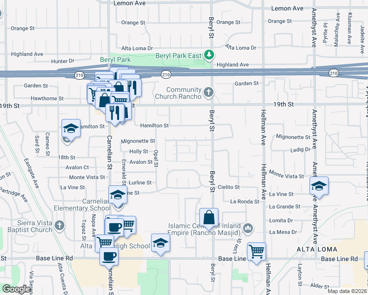 map of restaurants, bars, coffee shops, grocery stores, and more near 8985 Sage Drive in Rancho Cucamonga