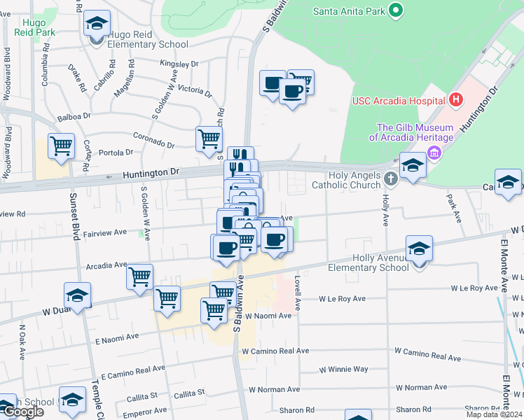 map of restaurants, bars, coffee shops, grocery stores, and more near 645 Fairview Avenue in Arcadia