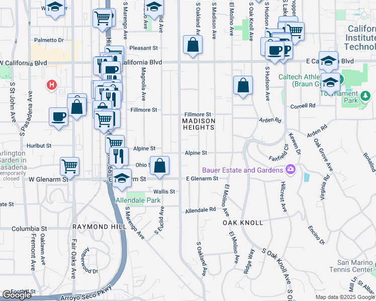 map of restaurants, bars, coffee shops, grocery stores, and more near 465 Alpine Street in Pasadena