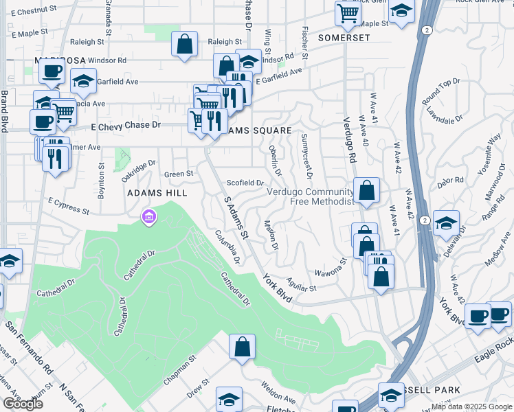 map of restaurants, bars, coffee shops, grocery stores, and more near 1205 Berkeley Drive in Glendale