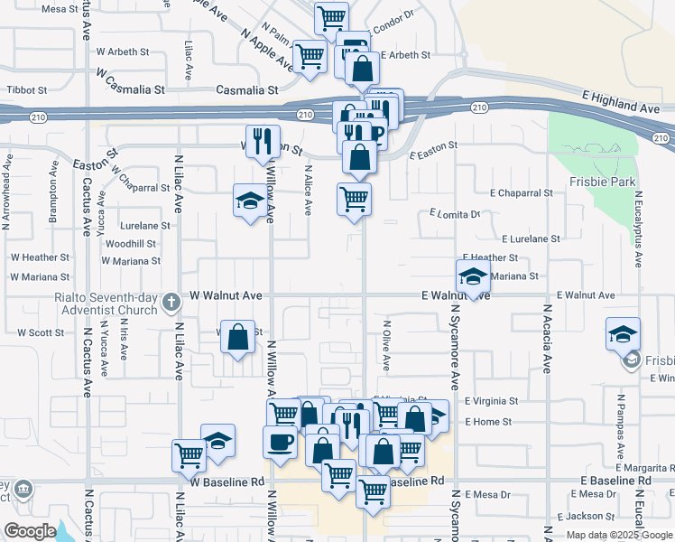 map of restaurants, bars, coffee shops, grocery stores, and more near 164 West Walnut Avenue in Rialto
