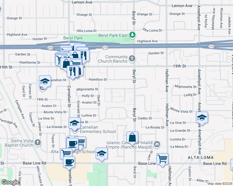 map of restaurants, bars, coffee shops, grocery stores, and more near 8985 Sage Drive in Rancho Cucamonga