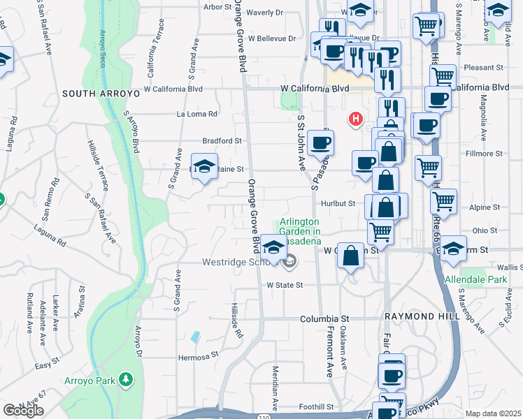 map of restaurants, bars, coffee shops, grocery stores, and more near 950 South Orange Grove Boulevard in Pasadena