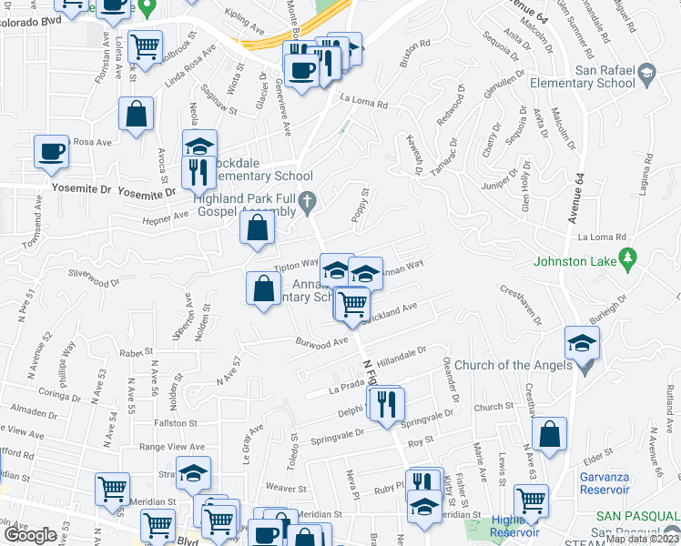 map of restaurants, bars, coffee shops, grocery stores, and more near 7008 North Figueroa Street in Los Angeles