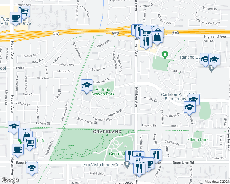 map of restaurants, bars, coffee shops, grocery stores, and more near 6867 Fisk Court in Rancho Cucamonga