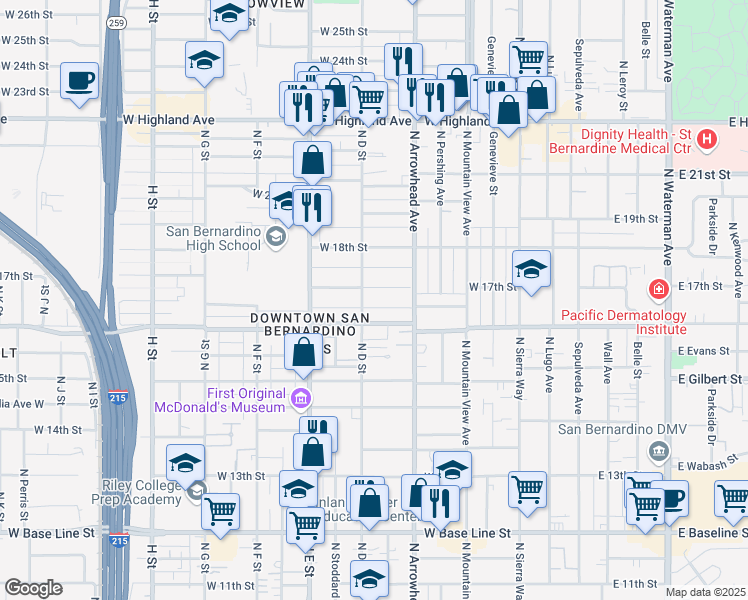 map of restaurants, bars, coffee shops, grocery stores, and more near 363 West 17th Street in San Bernardino