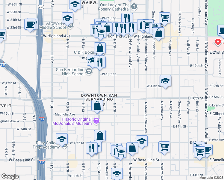 map of restaurants, bars, coffee shops, grocery stores, and more near 409 West 17th Street in San Bernardino