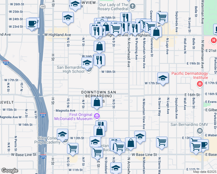 map of restaurants, bars, coffee shops, grocery stores, and more near 409 West 17th Street in San Bernardino