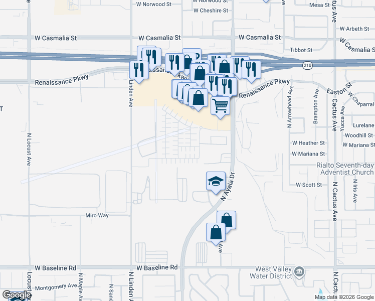 map of restaurants, bars, coffee shops, grocery stores, and more near 1198 Leiske Drive in Rialto