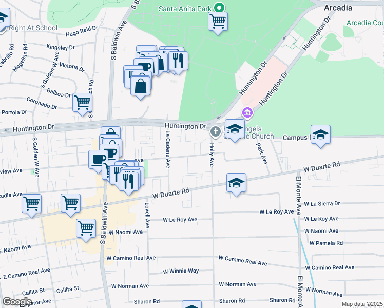 map of restaurants, bars, coffee shops, grocery stores, and more near 425 Fairview Avenue in Arcadia