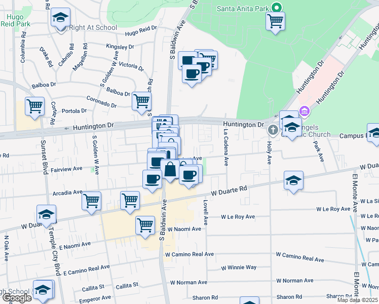 map of restaurants, bars, coffee shops, grocery stores, and more near 637 Fairview Avenue in Arcadia