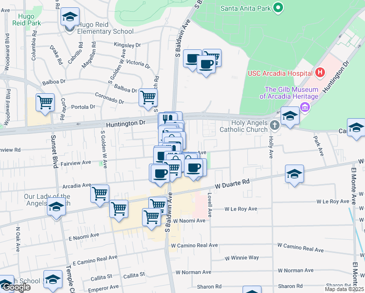 map of restaurants, bars, coffee shops, grocery stores, and more near 637 Fairview Avenue in Arcadia