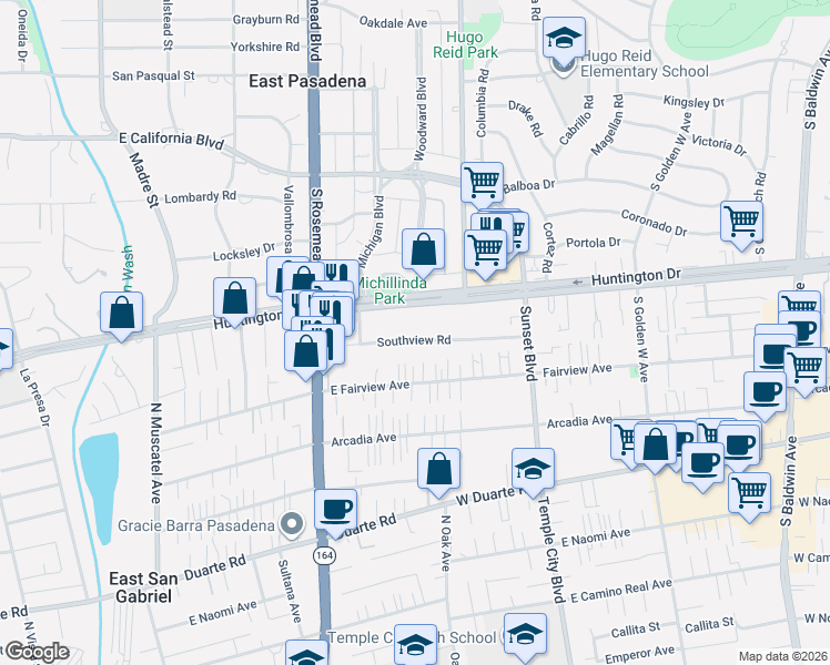 map of restaurants, bars, coffee shops, grocery stores, and more near 9123 Southview Road in San Gabriel