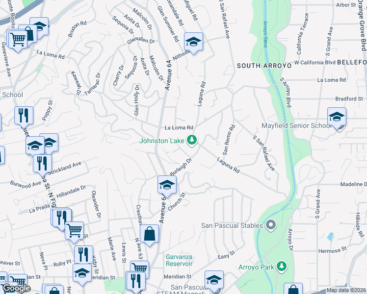 map of restaurants, bars, coffee shops, grocery stores, and more near 1255 Club House Drive in Pasadena