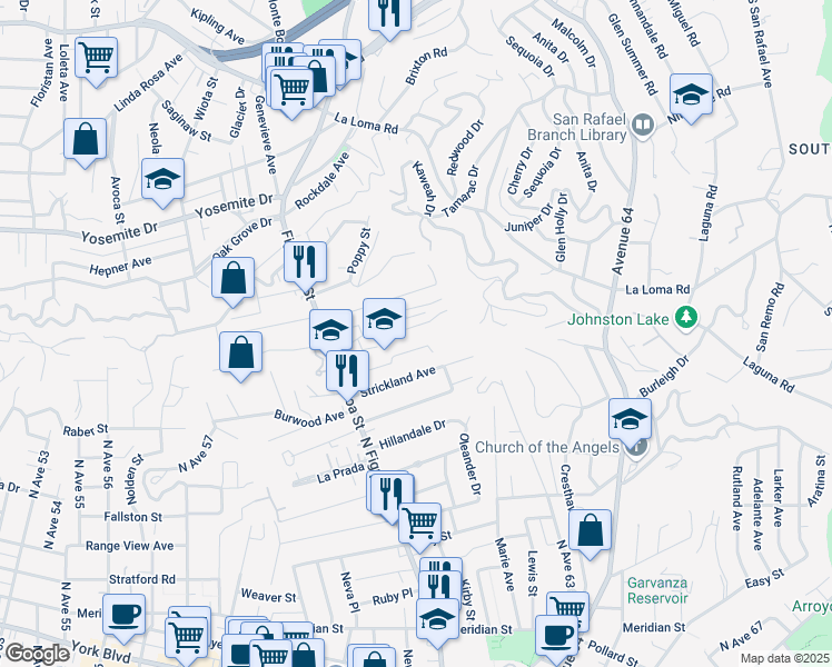 map of restaurants, bars, coffee shops, grocery stores, and more near 6216 Annan Way in Los Angeles