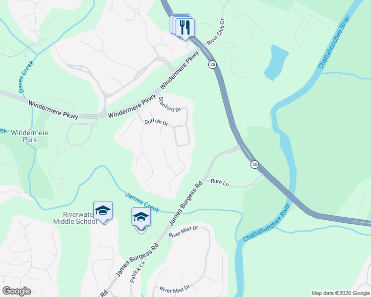 map of restaurants, bars, coffee shops, grocery stores, and more near 3540 Slater Street in Cumming