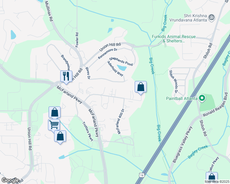 map of restaurants, bars, coffee shops, grocery stores, and more near 735 Branch Drive in Alpharetta
