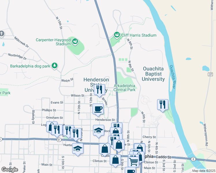 map of restaurants, bars, coffee shops, grocery stores, and more near 1000-1054 Huddleston Street in Arkadelphia