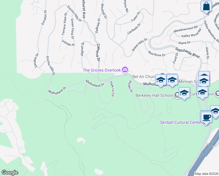 map of restaurants, bars, coffee shops, grocery stores, and more near 16544 Park Lane Drive in Los Angeles
