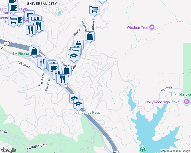 map of restaurants, bars, coffee shops, grocery stores, and more near 3395 Tareco Drive in Los Angeles