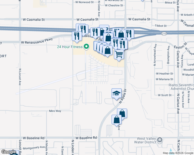 map of restaurants, bars, coffee shops, grocery stores, and more near 1700 Phantom Lane in Rialto