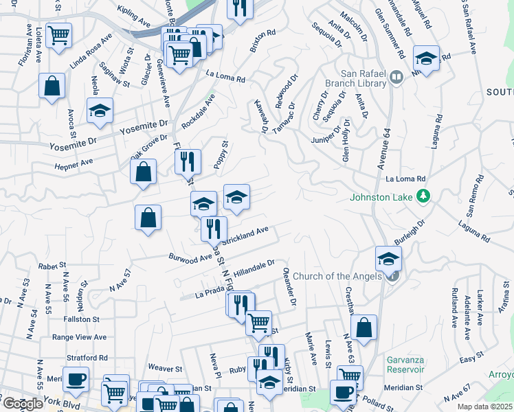 map of restaurants, bars, coffee shops, grocery stores, and more near 6216 Annan Way in Los Angeles
