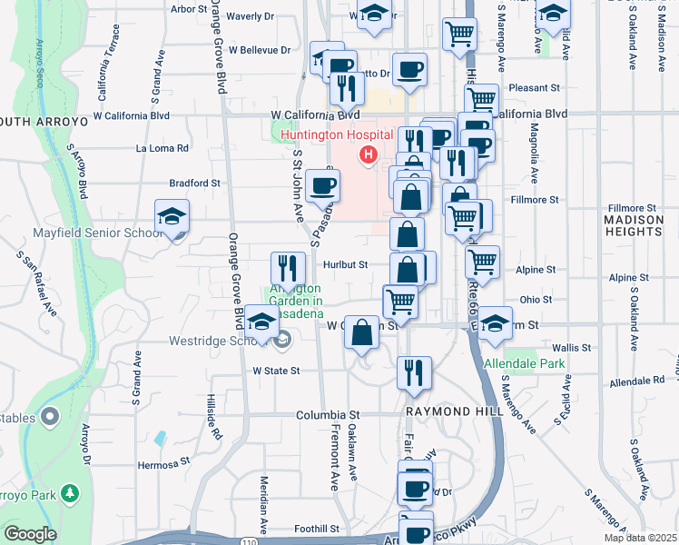 map of restaurants, bars, coffee shops, grocery stores, and more near 936 Jane Place in Pasadena