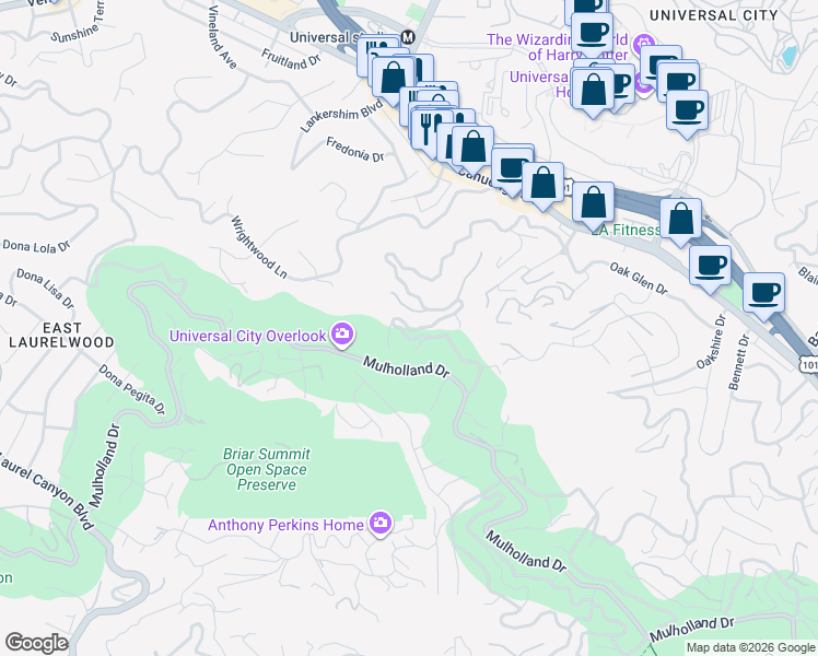 map of restaurants, bars, coffee shops, grocery stores, and more near Multiview Drive in Los Angeles