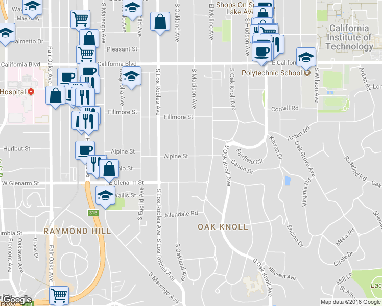 map of restaurants, bars, coffee shops, grocery stores, and more near 949 South Madison Avenue in Pasadena