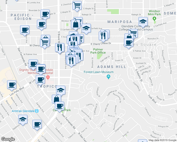 map of restaurants, bars, coffee shops, grocery stores, and more near 511 East Cypress Street in Glendale