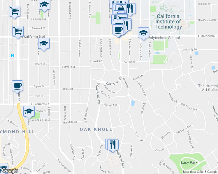map of restaurants, bars, coffee shops, grocery stores, and more near 770 Oak Knoll Circle in Pasadena