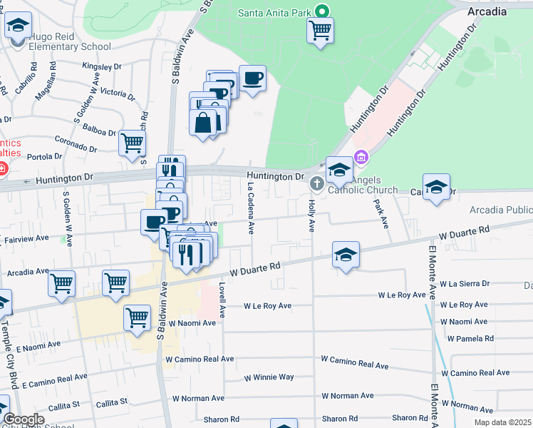 map of restaurants, bars, coffee shops, grocery stores, and more near 461 Fairview Avenue in Arcadia