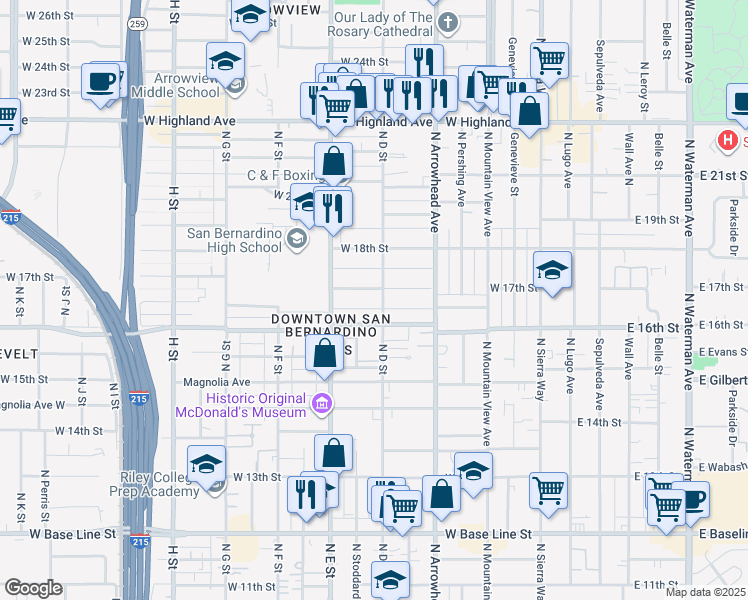 map of restaurants, bars, coffee shops, grocery stores, and more near 409 West 17th Street in San Bernardino