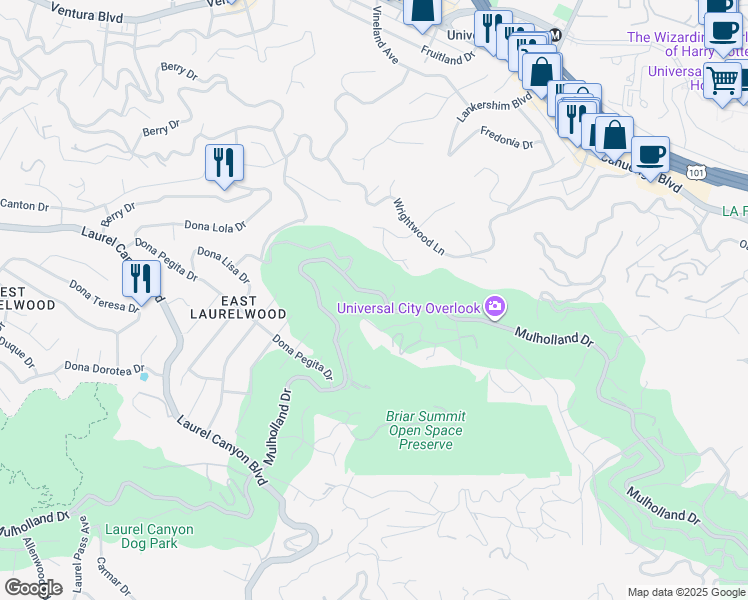 map of restaurants, bars, coffee shops, grocery stores, and more near 7820 Mulholland Drive in Los Angeles