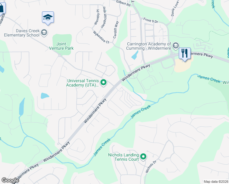 map of restaurants, bars, coffee shops, grocery stores, and more near 4170 Granby Circle in Cumming
