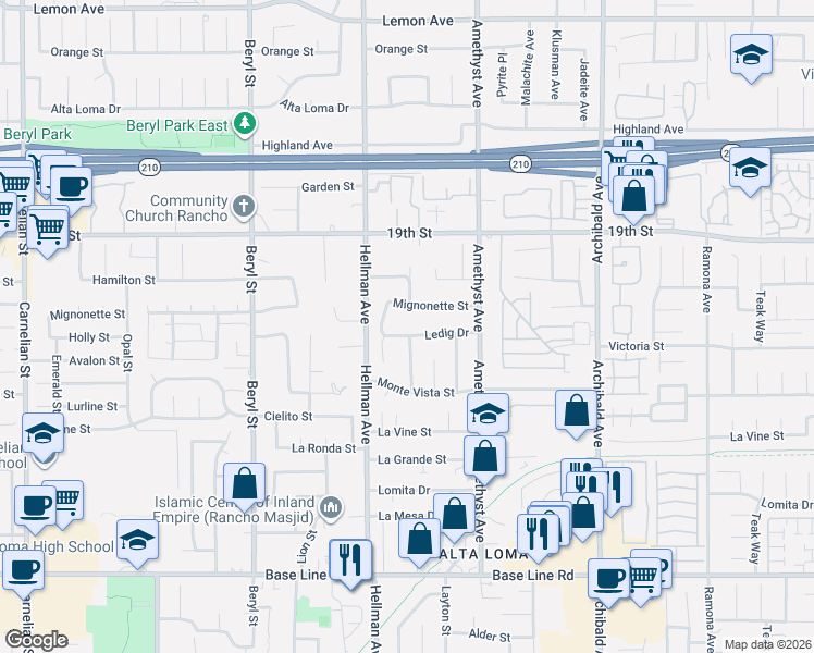 map of restaurants, bars, coffee shops, grocery stores, and more near 9368 Ledig Drive in Rancho Cucamonga