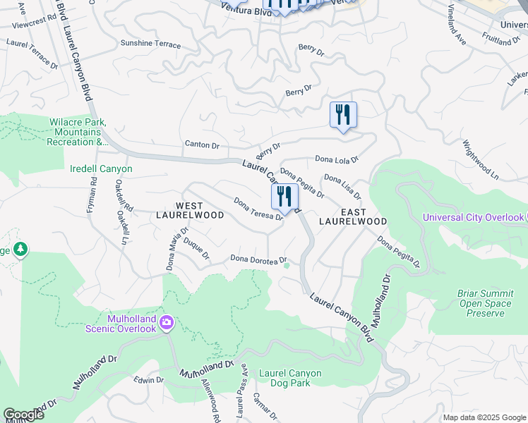 map of restaurants, bars, coffee shops, grocery stores, and more near 11385 Dona Teresa Drive in Los Angeles