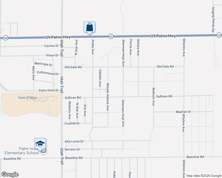 map of restaurants, bars, coffee shops, grocery stores, and more near Sullivan Road in Twentynine Palms