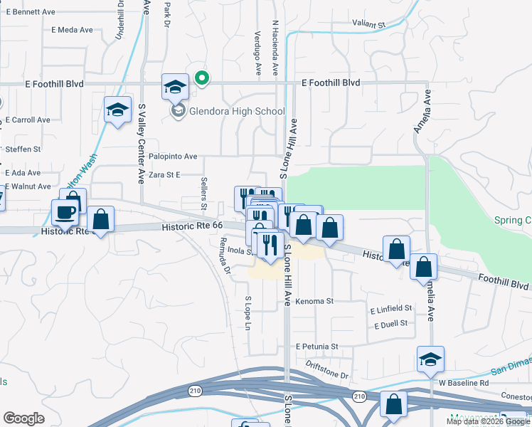 map of restaurants, bars, coffee shops, grocery stores, and more near 1866 Manor Lane in Glendora