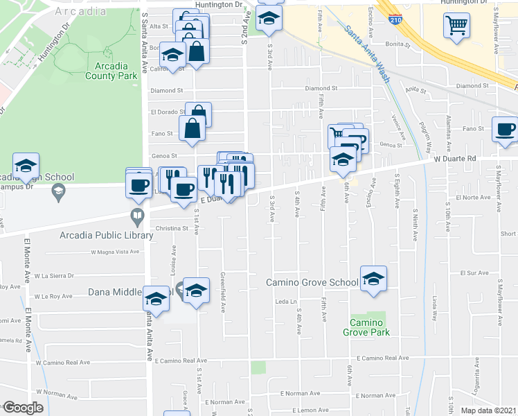 map of restaurants, bars, coffee shops, grocery stores, and more near 215 Ellen Way in Arcadia