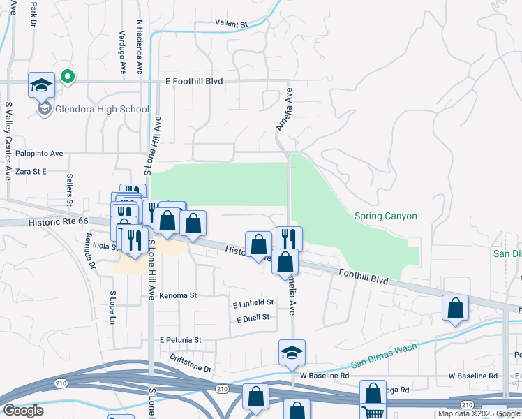 map of restaurants, bars, coffee shops, grocery stores, and more near 2225 Saratoga Lane in Glendora