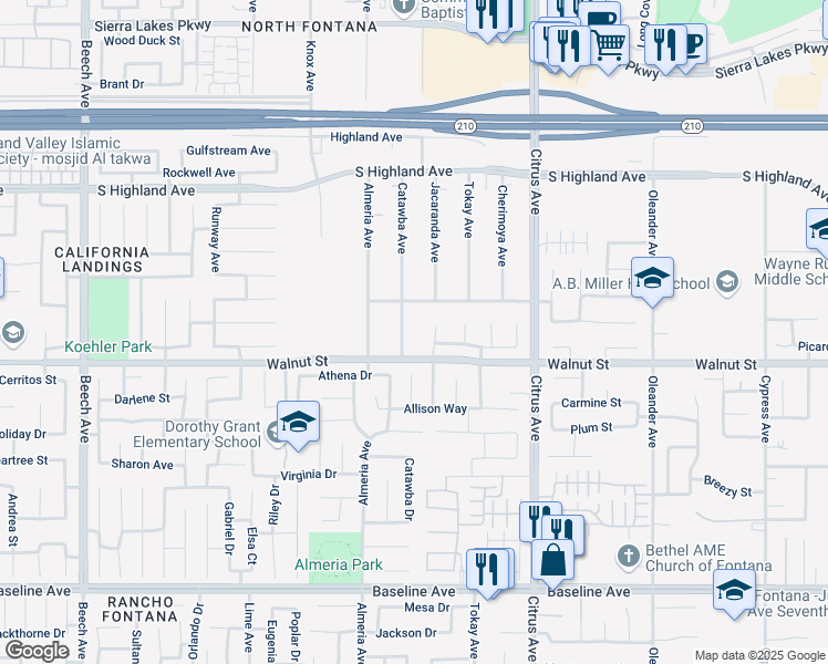 map of restaurants, bars, coffee shops, grocery stores, and more near 6854 Tahoe Way in Fontana