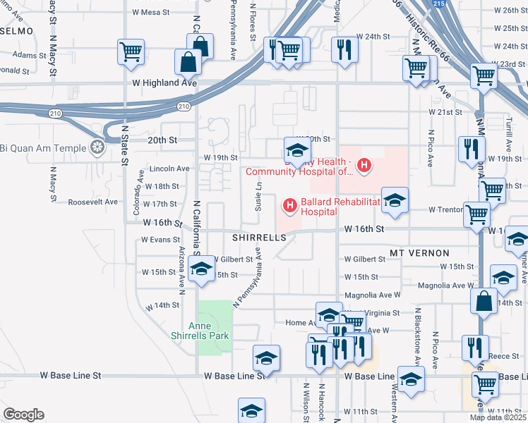 map of restaurants, bars, coffee shops, grocery stores, and more near 1655 Susie Lane in San Bernardino