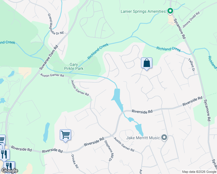 map of restaurants, bars, coffee shops, grocery stores, and more near 6165 Trail Hikes Drive in Sugar Hill
