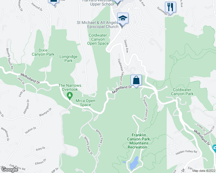 map of restaurants, bars, coffee shops, grocery stores, and more near 12895 Mulholland Drive in Beverly Hills