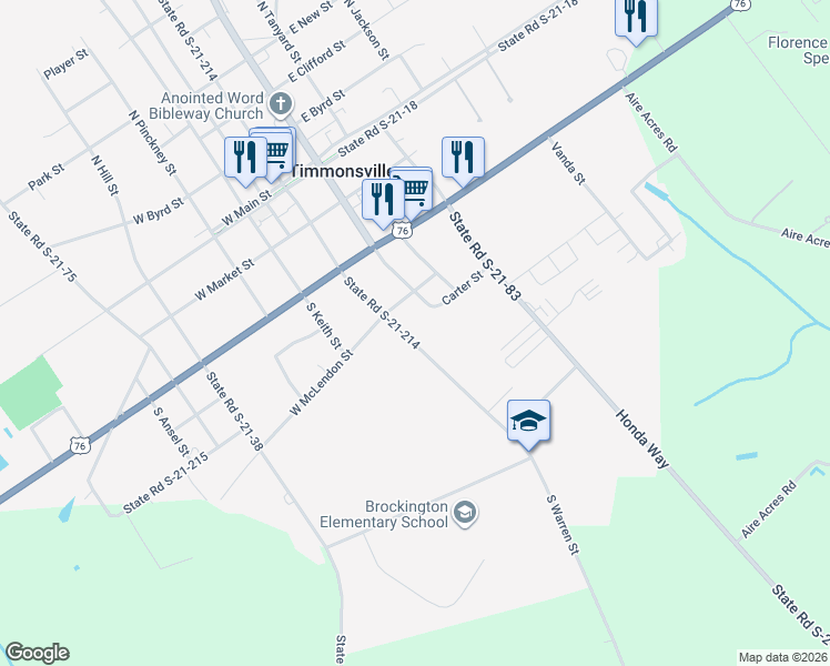 map of restaurants, bars, coffee shops, grocery stores, and more near 507 State Road S-21-214 in Timmonsville